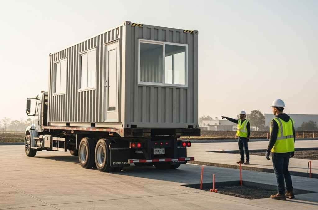 Delivery and placement of an office trailer using a tilt-deck truck at a jobsite.