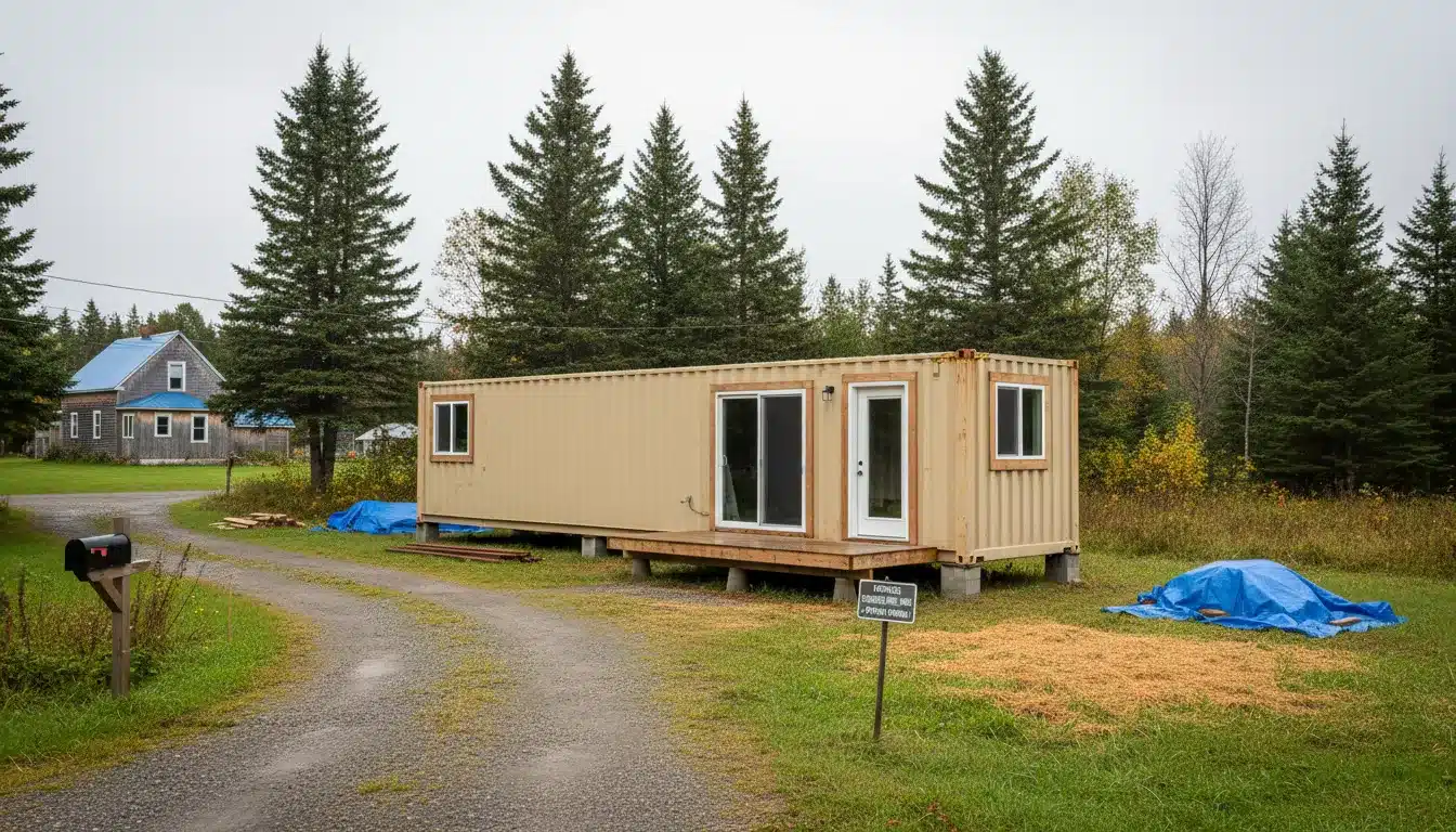 Shipping container home on a residential property in Atlantic Canada