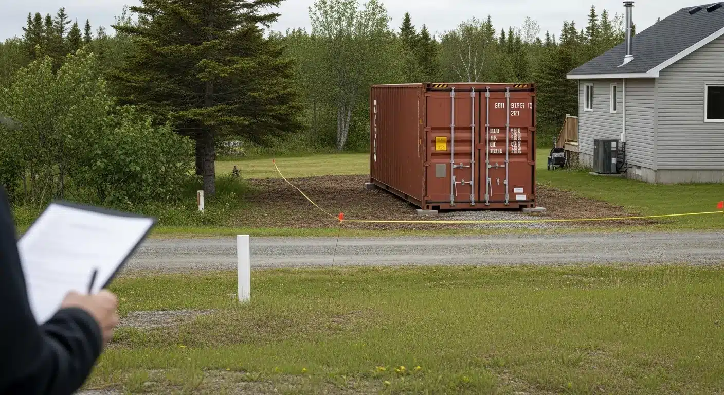Shipping container placed in a backyard near a house showing real property setup