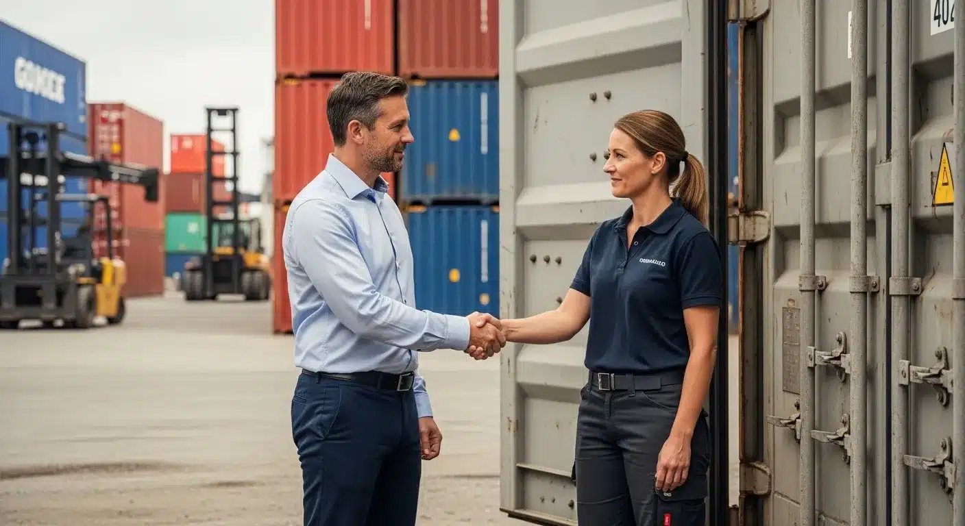 Customer and container provider discussing on-site