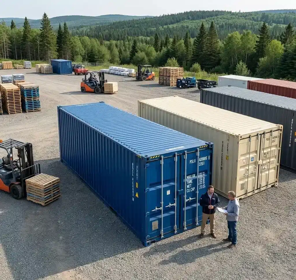 Cargo container sales scene for jobsite, farm, commercial and industrial use