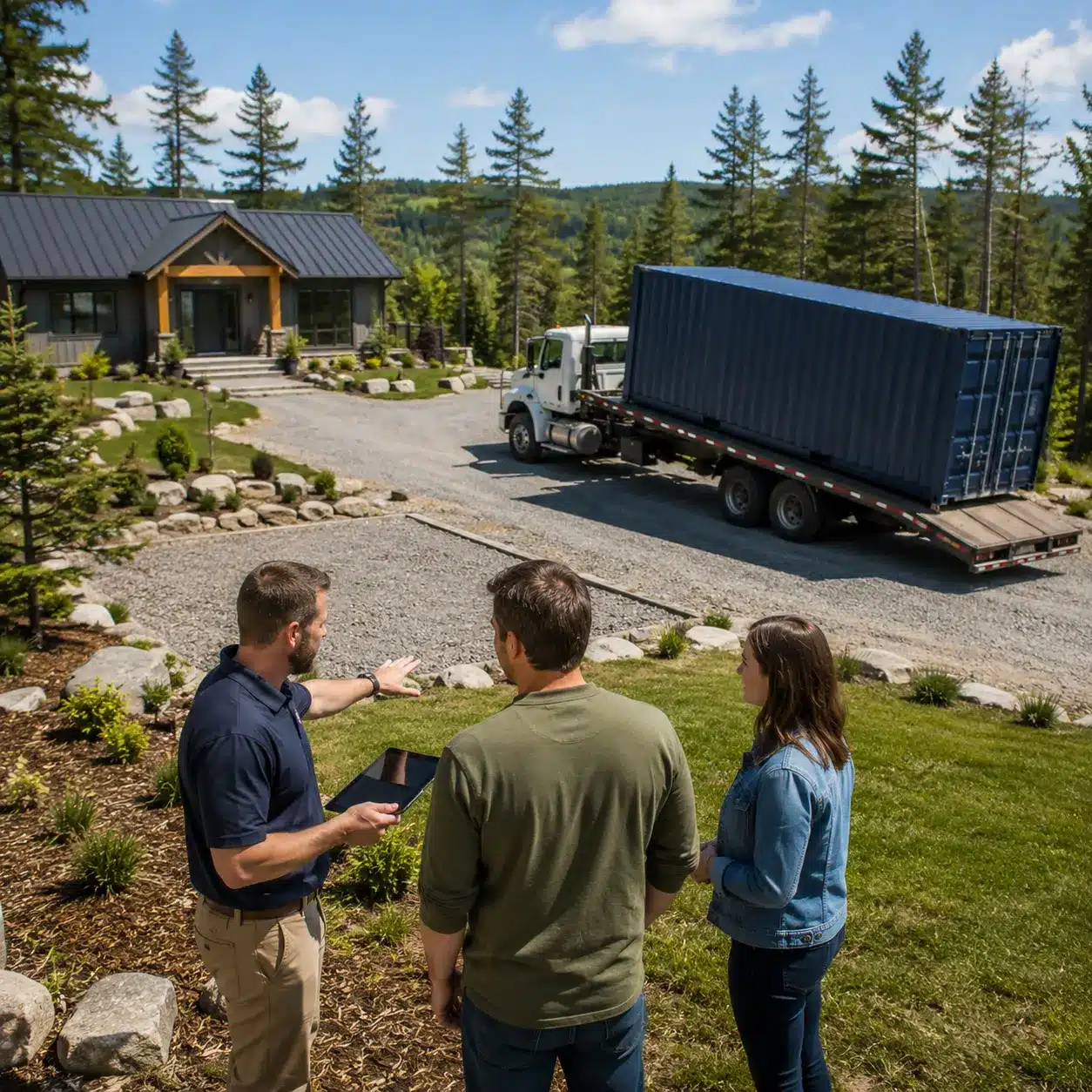 Shipping container prepared for delivery and placement